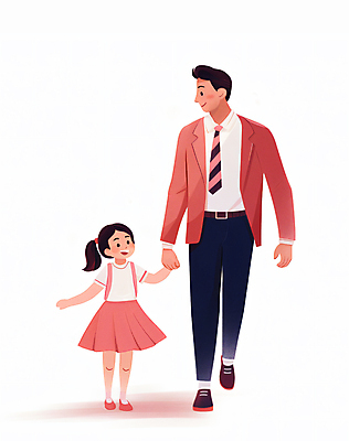 JPG 전신 여자 남자 행복 어린이 분홍색 일러스트 함께함 정장 소녀 성인 두명 걷기 손잡기 화목 다정 부녀 국내일러스트 AI일러스트 AI콘텐츠 옷 딸 감정 컬러 컨셉 가족 모션 사람 아빠 파일형식