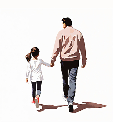 JPG 전신 여자 남자 행복 어린이 일러스트 함께함 그림자 소녀 성인 두명 걷기 손잡기 화목 다정 부녀 국내일러스트 AI일러스트 AI콘텐츠 딸 감정 컨셉 가족 모션 사람 아빠 파일형식