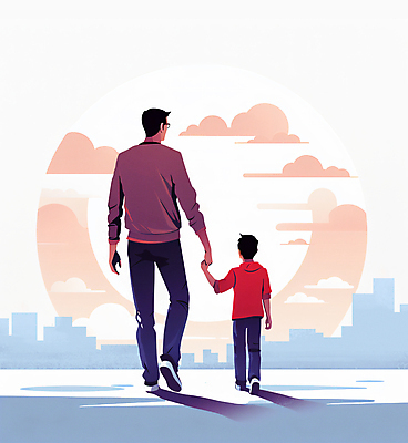 JPG 전신 구름 남자 행복 어린이 일러스트 함께함 소년 성인 두명 걷기 손잡기 화목 다정 도시 부자지간 남자만 국내일러스트 AI일러스트 AI콘텐츠 자연요소 감정 아들 컨셉 가족 모션 사람 아빠 파일형식