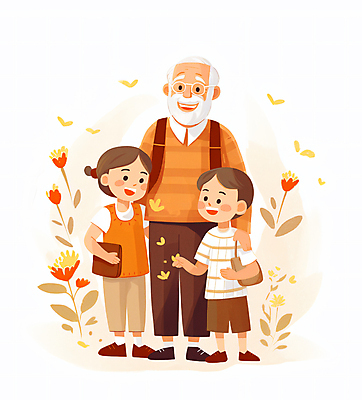 JPG 전신 여자 할아버지 노년 남자 꽃 행복 어린이 가방 일러스트 손자 손녀 함께함 서기 들기 소녀 소년 세명 주황색 화목 다정 조부모 어깨에손 국내일러스트 AI일러스트 AI콘텐츠 식물 잡화 감정 컬러 컨셉 가족 모션 사람 성인 손주 파일형식