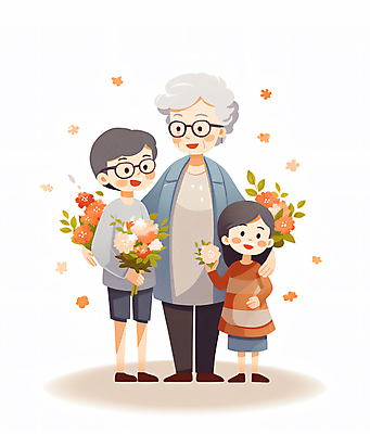 JPG 전신 여자 노년 남자 행복 할머니 어린이 꽃다발 일러스트 안기 손자 손녀 함께함 서기 들기 소녀 소년 세명 화목 다정 조부모 안경낌 국내일러스트 AI일러스트 AI콘텐츠 꽃 감정 안경 컨셉 가족 모션 사람 성인 손주 파일형식