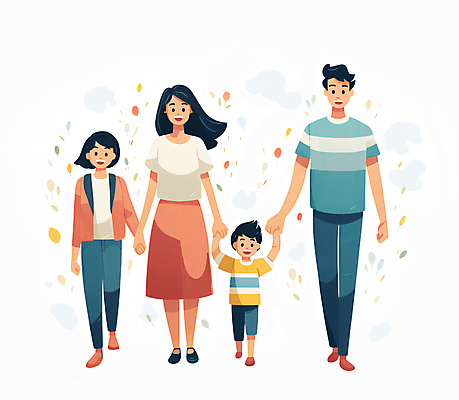 JPG 전신 여자 남자 딸 행복 아들 어린이 일러스트 가족 청소년 엄마 함께함 서기 웃음 소년 여러명 성인 손잡기 화목 다정 아빠 국내일러스트 AI일러스트 AI콘텐츠 감정 다수 컨셉 관계 모션 표정 사람 파일형식