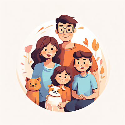 JPG 여자 남자 딸 행복 아들 어린이 일러스트 가족 엄마 나뭇잎 함께함 미소 앉기 소녀 소년 여러명 상반신 성인 화목 다정 아빠 강아지 가족사진 안경낌 국내일러스트 AI일러스트 AI콘텐츠 감정 안경 다수 컨셉 잎 관계 모션 표정 사람 반려동물 개 파일형식 단체사진