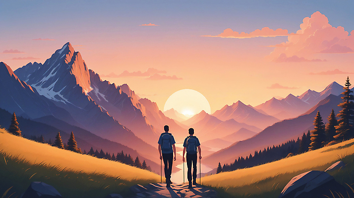 JPG 전신 구름 편집이미지 남자 길 단풍 하늘 산 풍경 성인 두명 태양 걷기 일몰 등산 가을 등산객 산행 성인남자만 편집실사 AI일러스트 AI콘텐츠 자연요소 계절 잎 모션 사람 노을 트래킹 CG 남자만 성인만 파일형식