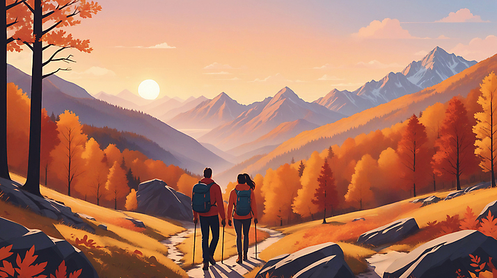 JPG 전신 나무 구름 편집이미지 커플 여자 남자 길 단풍 하늘 단풍나무 산 풍경 성인 두명 태양 걷기 일몰 등산 가을 등산객 산행 성인만 편집실사 AI일러스트 AI콘텐츠 자연요소 식물 계절 잎 관계 모션 사람 노을 트래킹 CG 파일형식