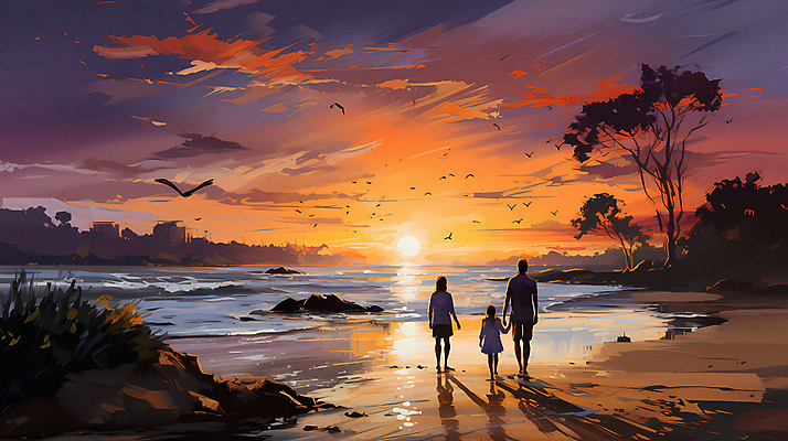 JPG 전신 나무 구름 편집이미지 여자 남자 어린이 바다 여행 가족 하늘 소녀 성인 세명 태양 일출 일몰 디지털합성 편집실사 자연요소 식물 관계 사람 노을 CG 파일형식