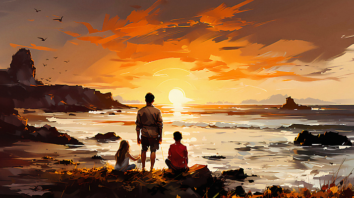 JPG 전신 구름 편집이미지 여자 남자 어린이 바다 여행 가족 하늘 앉기 소녀 소년 성인 세명 태양 일출 일몰 디지털합성 편집실사 자연요소 관계 모션 사람 노을 CG 파일형식