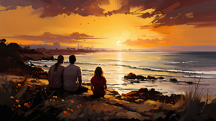 JPG 전신 구름 편집이미지 여자 남자 바다 여행 가족 청소년 하늘 앉기 성인 세명 태양 일출 일몰 디지털합성 편집실사 자연요소 관계 모션 사람 노을 CG 파일형식