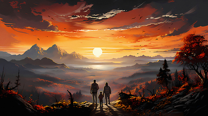 JPG 전신 구름 편집이미지 여자 남자 어린이 여행 가족 하늘 산 소년 성인 세명 태양 일출 손잡기 일몰 디지털합성 편집실사 자연요소 관계 모션 사람 노을 CG 파일형식