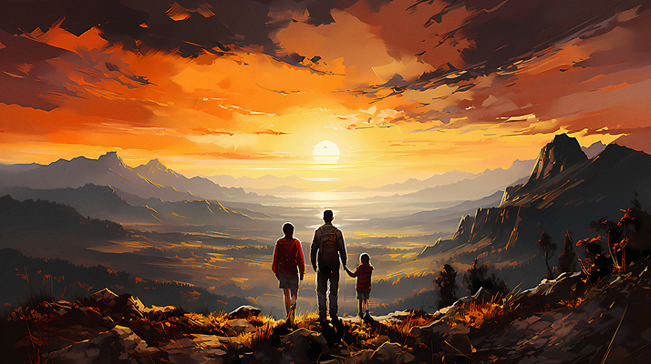 JPG 전신 구름 편집이미지 여자 남자 어린이 여행 가족 하늘 산 소녀 성인 세명 태양 일출 손잡기 일몰 디지털합성 편집실사 자연요소 관계 모션 사람 노을 CG 파일형식