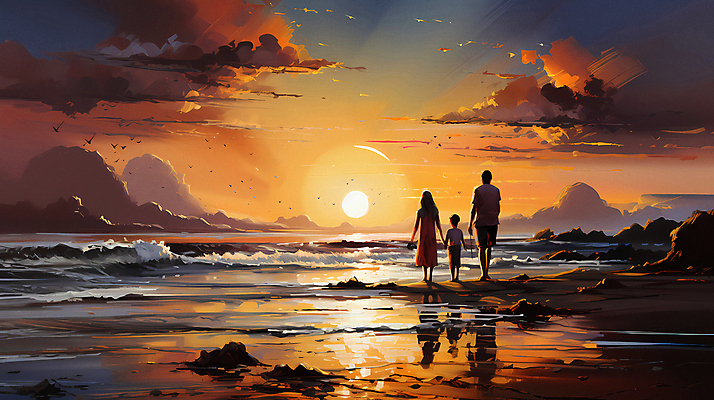 JPG 전신 구름 편집이미지 여자 남자 어린이 바다 여행 가족 하늘 소년 성인 세명 태양 일출 손잡기 일몰 디지털합성 편집실사 자연요소 관계 모션 사람 노을 CG 파일형식