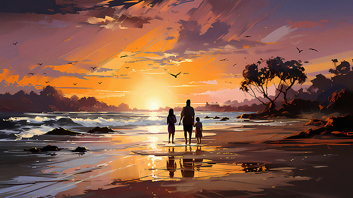 JPG 전신 구름 편집이미지 여자 남자 어린이 바다 여행 가족 청소년 하늘 소녀 성인 세명 태양 일출 손잡기 일몰 디지털합성 편집실사 자연요소 관계 모션 사람 노을 CG 파일형식