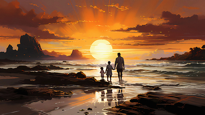 JPG 전신 구름 편집이미지 여자 남자 어린이 바다 여행 가족 하늘 소녀 소년 성인 세명 태양 일출 손잡기 일몰 디지털합성 편집실사 자연요소 관계 모션 사람 노을 CG 파일형식