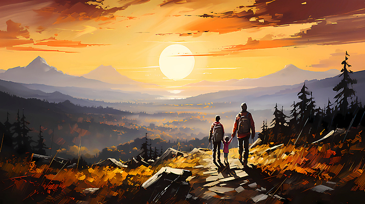 JPG 전신 구름 편집이미지 여자 남자 어린이 여행 가족 하늘 산 소녀 성인 세명 태양 일출 손잡기 일몰 디지털합성 편집실사 자연요소 관계 모션 사람 노을 CG 파일형식