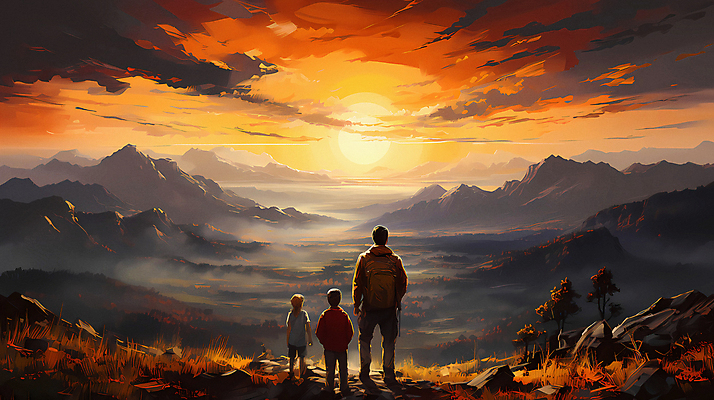 JPG 전신 구름 편집이미지 여자 남자 어린이 여행 가족 하늘 산 소녀 소년 성인 세명 태양 일출 일몰 디지털합성 편집실사 자연요소 관계 사람 노을 CG 파일형식