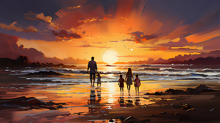 JPG 전신 구름 편집이미지 여자 남자 어린이 바다 여행 가족 하늘 소녀 소년 여러명 성인 태양 일출 손잡기 일몰 디지털합성 편집실사 자연요소 다수 관계 모션 사람 노을 CG 파일형식