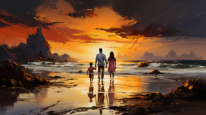 JPG 전신 구름 편집이미지 여자 남자 어린이 바다 여행 가족 하늘 소년 성인 세명 태양 일출 손잡기 일몰 디지털합성 편집실사 자연요소 관계 모션 사람 노을 CG 파일형식