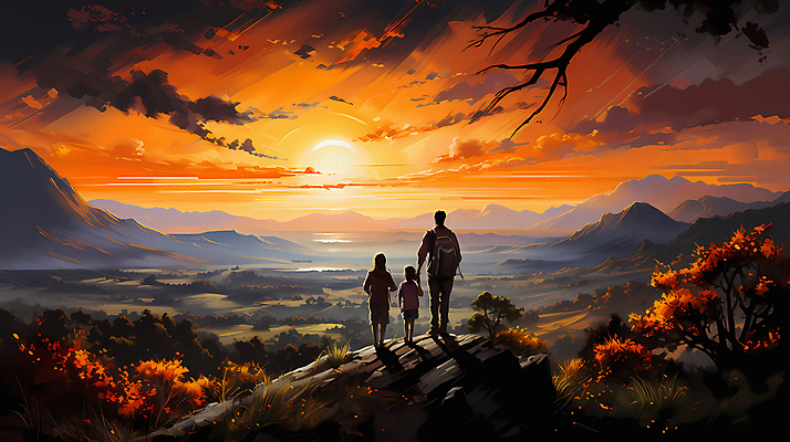 JPG 전신 구름 편집이미지 여자 남자 어린이 여행 가족 하늘 산 소녀 성인 세명 태양 일출 손잡기 일몰 디지털합성 편집실사 자연요소 관계 모션 사람 노을 CG 파일형식