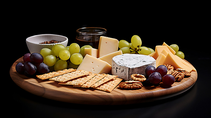 JPG 편집이미지 그릇 조각 포도 잔 치즈 사람없음 크래커 견과류 안주 디지털합성 나무도마 편집실사 AI포토 AI콘텐츠 식기 과일 유제품 도마 목재 쿠키 CG 파일형식