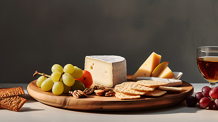 JPG 편집이미지 음료 조각 포도 잔 치즈 사람없음 크래커 견과류 안주 디지털합성 나무도마 편집실사 AI포토 AI콘텐츠 식기 과일 유제품 도마 목재 쿠키 CG 파일형식