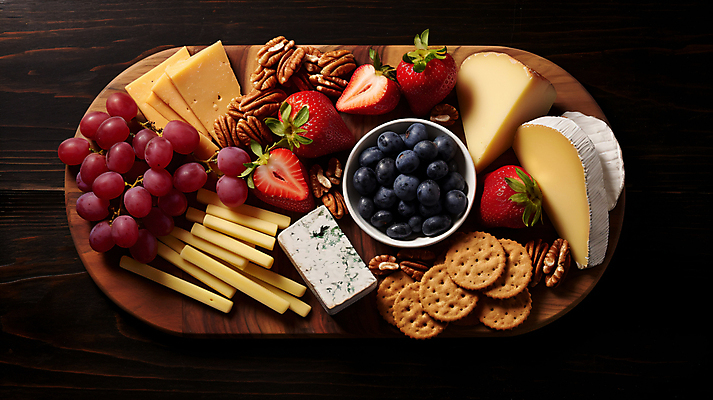 JPG 편집이미지 그릇 조각 딸기 포도 치즈 사람없음 크래커 견과류 안주 디지털합성 블루베리 나무도마 편집실사 AI포토 AI콘텐츠 식기 과일 유제품 도마 목재 쿠키 CG 파일형식