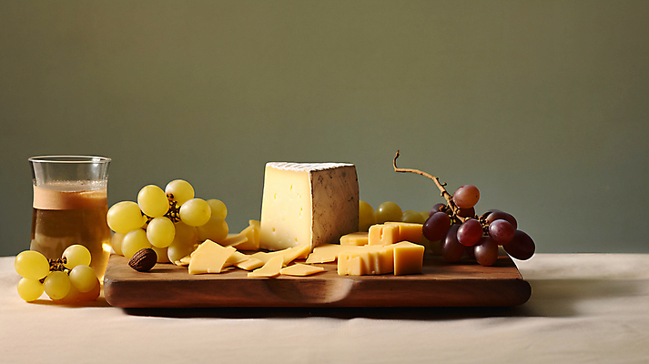JPG 편집이미지 음료 조각 포도 잔 치즈 사람없음 안주 디지털합성 나무도마 편집실사 AI포토 AI콘텐츠 식기 과일 유제품 도마 목재 CG 파일형식