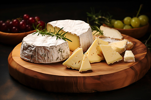 JPG 편집이미지 조각 포도 치즈 사람없음 안주 디지털합성 로즈메리 나무도마 편집실사 AI포토 AI콘텐츠 과일 유제품 도마 목재 허브 CG 파일형식