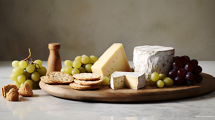 JPG 편집이미지 조각 포도 치즈 사람없음 크래커 견과류 안주 디지털합성 나무도마 편집실사 AI포토 AI콘텐츠 과일 유제품 도마 목재 쿠키 CG 파일형식