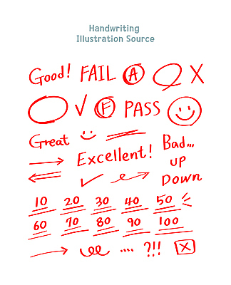 손글씨 교육 화살표 일러스트 사람없음 빨간색 물음표 원형 느낌표 점수 평가 스마일락스 엘리먼트 채점 칭찬 국내일러스트 AI파일 도형 식물 기호 컬러 성적 파일형식 벡터