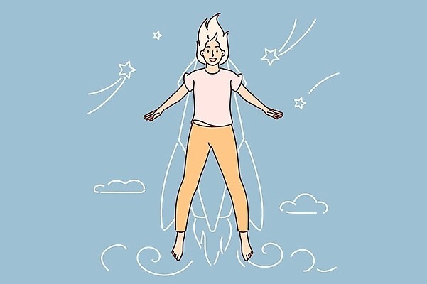 EPS 해외이미지 전신 여자 별 일러스트 하늘 한명 성인 로켓 상승 성인여자한명만 해외일러스트 자연요소 1 컨셉 사람 여자한명만 성인여자만 파일형식 벡터