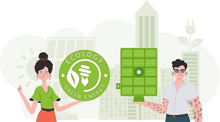 EPS 해외이미지 여자 남자 잎 일러스트 전구 들기 손짓 상반신 성인 두명 초록색 원형 그린에너지 심볼 에코 친환경 집열판 성인만 해외202309 해외일러스트 도형 식물 컬러 모션 사람 환경 에너지 태양에너지 파일형식 벡터