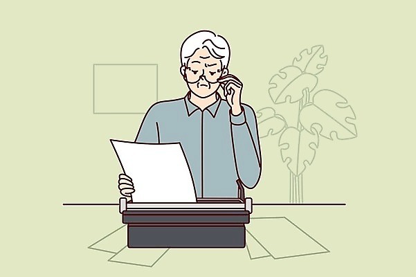 EPS 해외이미지 노년 남자 종이 일러스트 한명 들기 상반신 문서 타자기 노인남자한명만 안경낌 해외202309 해외일러스트 1 안경 모션 사람 성인 골동품 남자한명만 노인남자만 파일형식 벡터