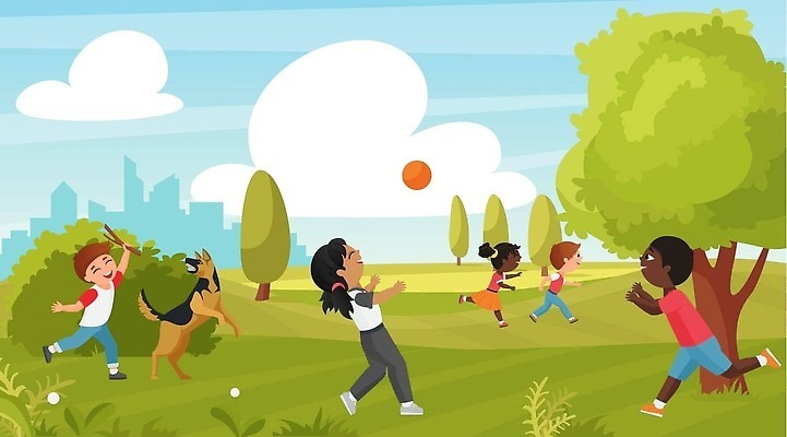 EPS 해외이미지 전신 나무 공원 여자 남자 반려견 어린이 일러스트 공 소년 여러명 달리기 강아지 풀숲 놀기 어린이만 해외202309 해외일러스트 식물 공공시설 다수 모션 사람 반려동물 개 숲 파일형식 벡터