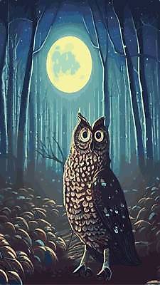 EPS 해외이미지 나무 야생동물 일러스트 사람없음 야간 숲 부엉이 해외202309 해외일러스트 자연요소 식물 동물 조류 파일형식 벡터