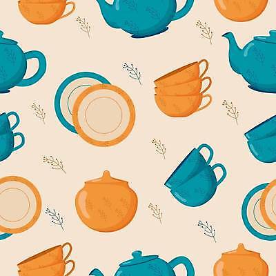 EPS 해외이미지 일러스트 주전자 사람없음 패턴백그라운드 풀잎 커피잔 컵받침 베이지색 해외202309 해외일러스트 커피 컬러 백그라운드 잎 패턴 주방용품 잔 풀_식물 받침대 파일형식 벡터