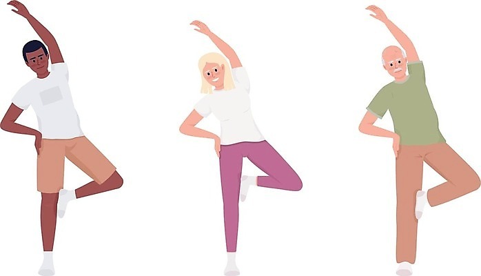 EPS 해외이미지 전신 여자 노년 남자 일러스트 성인 세명 운동복 손들기 스트레칭 다리들기 성인만 해외202309 해외일러스트 옷 모션 사람 운동 파일형식 벡터