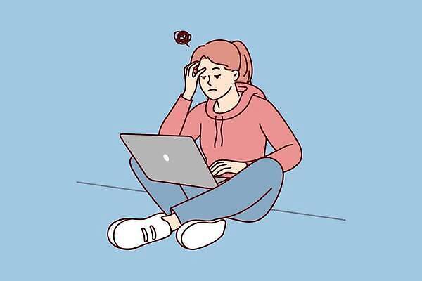 EPS 해외이미지 응시 여자 일러스트 스트레스 피곤 한명 앉기 성인 노트북 손짚기 성인여자한명만 해외202309 해외일러스트 1 시선 컨셉 모션 사람 손짓 전자제품 여자한명만 성인여자만 파일형식 벡터