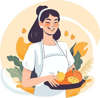 EPS 해외이미지 접시 여자 과일 일러스트 요리 한명 웃음 들기 상반신 성인 주황색 앞치마 성인여자한명만 해외202309 해외일러스트 1 식기 컬러 모션 표정 사람 여자한명만 성인여자만 파일형식 벡터