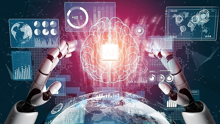 JPG 해외이미지 손 지도 일러스트 그래프 미래 기술 신체부위 지구본 3D 디지털 보라색 네트워크 로봇 뇌 해외202309 해외일러스트 컬러 컨셉 사람 디지털합성 파일형식