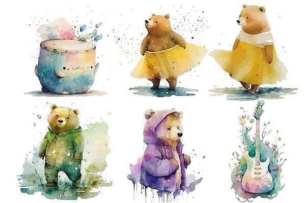 EPS 해외이미지 일러스트 곰 사람없음 치마 귀여움 기타 드럼 번짐 후드티셔츠 해외202309 해외일러스트 동물 컨셉 티셔츠 포유류 하의 현악기 타악기 파일형식 벡터 효과