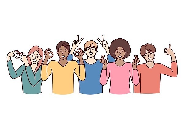 EPS 해외이미지 여자 남자 행복 포즈 일러스트 함께함 손짓 여러명 상반신 화목 하트 그룹 OK 동료 브이 다문화 화합 다인종 따봉 다민족 연대 해외202309 해외일러스트 모양 감정 다수 컨셉 관계 모션 사람 인종 최고 사회이슈 파일형식 벡터