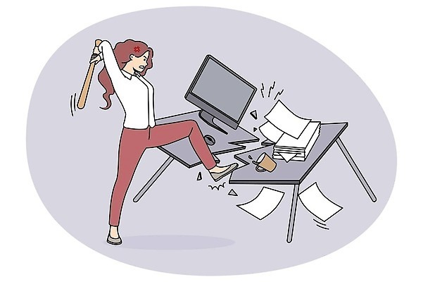 EPS 해외이미지 전신 여자 일러스트 한명 정장 성인 모니터 손상 머그컵 야구방망이 분노 마우스 비즈니스우먼 책상 서류더미 성인여자한명만 휘두르기 해외202309 해외일러스트 1 옷 감정 가구 컨셉 비즈니스 모션 사람 컵 컴퓨터 컴퓨터용품 야구용품 직장인 문서 여자한명만 성인여자만 파일형식 벡터 더미