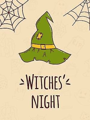 EPS 해외이미지 배너 포스터 일러스트 타이포그라피 사람없음 할로윈 무서움 거미줄 마녀모자 베이지색 해외202309 해외일러스트 문자 모자_잡화 감정 컬러 파일형식 벡터