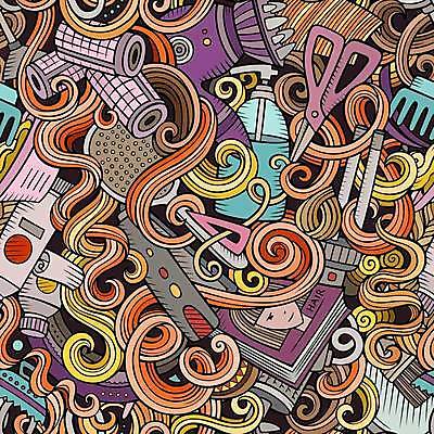 EPS 해외이미지 헤어스타일 백그라운드 패턴 일러스트 사람없음 미용용품 낙서 드라이어 가득함 헤어롤 머리손질 샴푸 고데기 미용가위 염색약 해외일러스트 무늬 가위_도구 위생용품 뷰티 오브젝트 헤어용품 파일형식 벡터