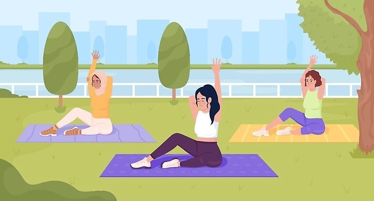 EPS 해외이미지 전신 나무 여자 일러스트 난간 앉기 빌딩 잔디 성인 야외 세명 운동복 강 손들기 눈감음 스트레칭 풀숲 성인여자만 해외202309 해외일러스트 식물 옷 모션 사람 건물 운동 숲 여자만 성인만 파일형식 벡터