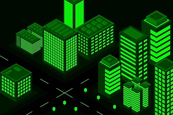 EPS 해외이미지 백그라운드 일러스트 빌딩 사람없음 건물 초록색 도시 네온 아이소메트릭 해외202309 해외일러스트 건축물 컬러 파일형식 벡터