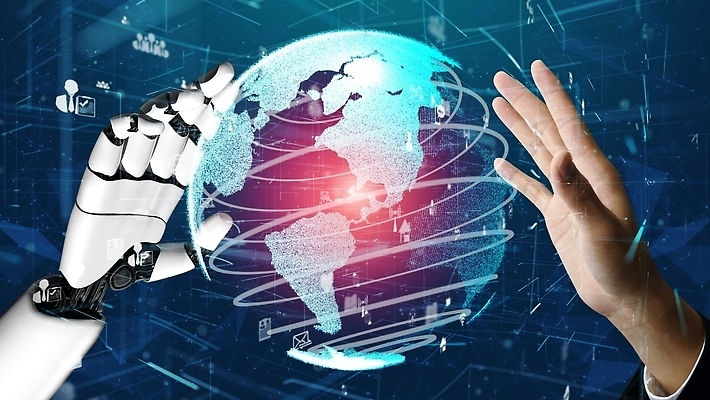 포토 해외이미지 손 비즈니스 미래 신체부위 파란색 지구본 스크린 기계 로봇 손뻗기 AI_인공지능 해외202309 해외포토 AI파일 컬러 컨셉 모션 사람 파일형식 벡터