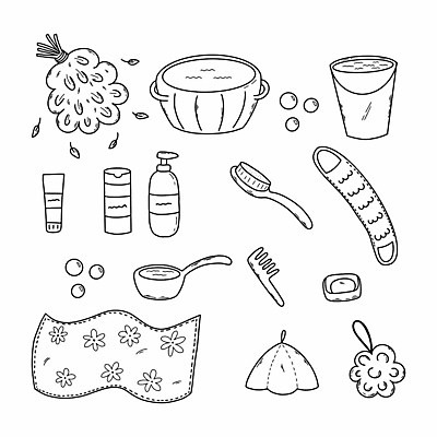 EPS 해외이미지 모자 디자인 선 신체 일러스트 휴식 그래픽 세트 수건 픽토그램 스파 목욕 붓 빨래 낙서 수증기 빗자루 양동이 심볼 사인 윤곽 손그림 비누 대야 샴푸 사우나 돌봄 벡터 해외202309 해외일러스트 잡화 컨셉 가사 모션 위생용품 청결 청소도구 파일형식