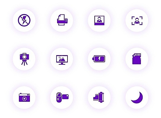 EPS 해외이미지 컬러 일러스트 그림자 빛 컴퓨터 세트 픽토그램 모니터 보라색 사진촬영 웹 원형 필름 심볼 사인 삼각대 UI 고립 베터리 벡터 해외202309 해외일러스트 도형 인터넷 전자제품 촬영 파일형식