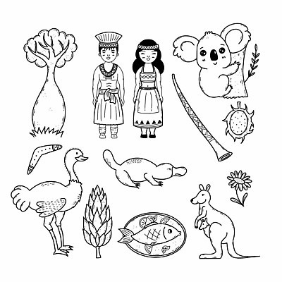 EPS 해외이미지 나무 식물 동물 전통 접시 옷 꽃 문화 선 악기 음식 여행 일러스트 어류 사람 세트 호주 낙서 결과 스케치 수집 심볼 윤곽 트럼펫 손그림 캥거루 타조 특별함 해외202309 해외일러스트 식기 음악 컨셉 포유류 조류 미술 수중동물 오세아니아 금관악기 파일형식 벡터